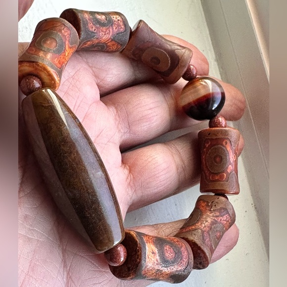 OCEAN JASPER + 3 EYE TIBETAN AGATE NATURAL STONES BRACELET size 7” - Picture 11 of 14